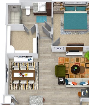 Wallace 3D 3D Wallace 2 bedroom, entry closet, L-shaped kitchen with island and pantry, open to living-dining room, 1 bath with double vanity, and tub, 1 bath with shower. Walk-in closets. Balcony. washer/dryer.